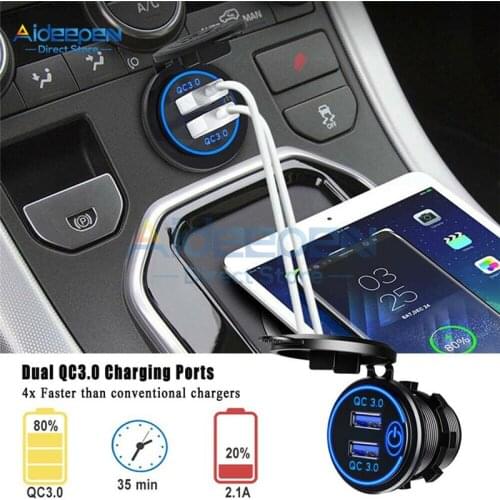 36W QC 3.0 Touch Switch Waterproof Universal Motorcycle Car Truck Boat Dual USB Charger Socket For Phone Tablet Camera GPS DVR