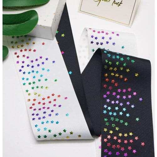 Free shipping 50 yard 3 inch rainbow color star hologram ribbon foil printed grosgrain ribbon