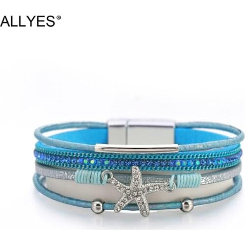 ALLYES Bohemian Shiny Rhinestone Starfish Charm Leather Bracelets for Women Multilayer Wrap Bracelet Bangle Summer Beach Jewelry