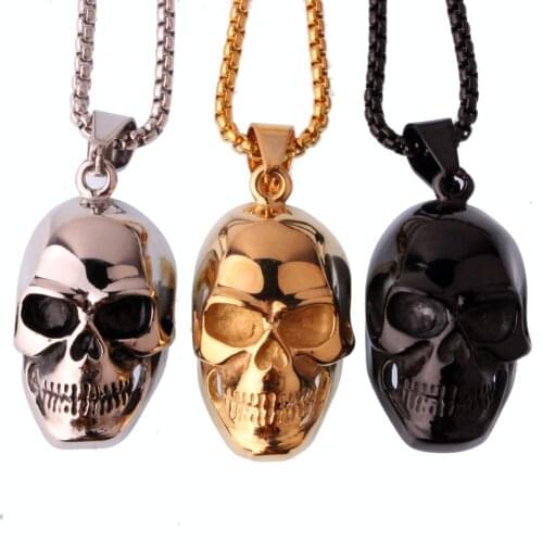 Hyperbole 316L Stainless Steel Death Skull Cool Mens Boys Jewelry Pendant Necklace Free Box Link Chain 24inch Friend Gift