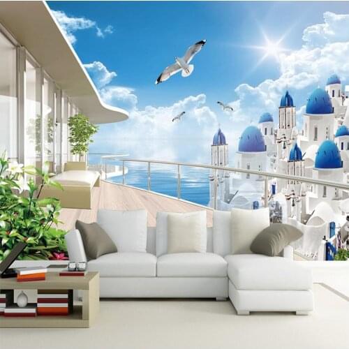 Decorative wallpaper Aegean sea balcony scenery TV background wall