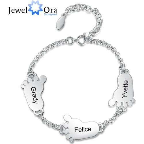 JewelOra Personalized 2-4 Baby Feet Charms Bracelets for Women Customized Stainless Steel Name Engraved Bracelet Gifts for Mom