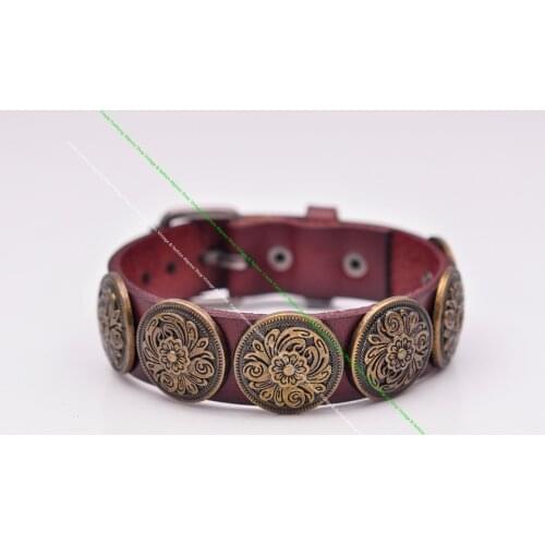Quality Antique Brass Southwest Floral Concho Studded Leathercraft Quality Veg Tan Brown Leather Bracelet Wristband Cuff Bangle