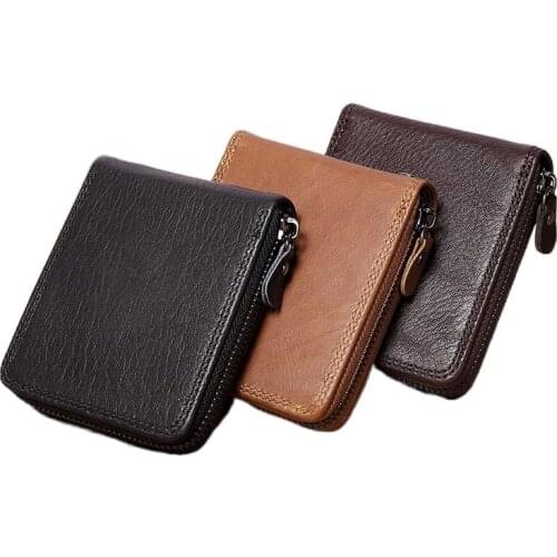 Mens Coin Purse Zipper Wallet Anti Theft RFID Wallet Male Genuine Leather Wallet Bag Business Card Holder for Man