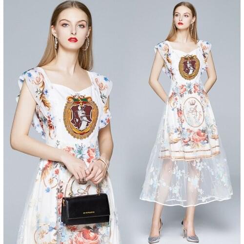 2020 high waist new womens summer stitching mesh embroidery printing heavy industry white long dress