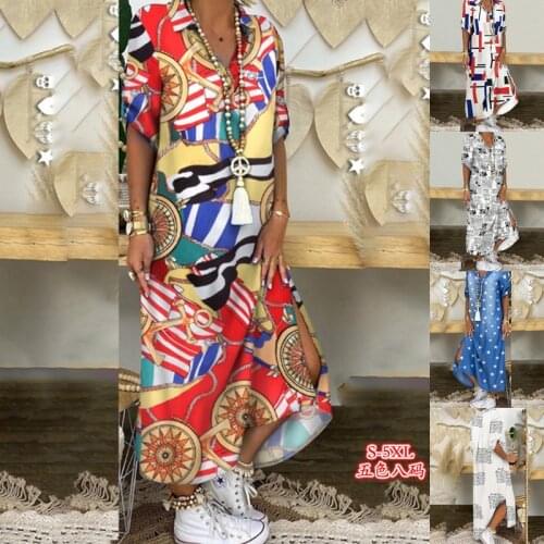 Hot Sale Shirt Maxi Dress Women 2020 Lapel short sleeve Print Straight Vintage Dress Elegant Woman Street Button Dress Plus Size