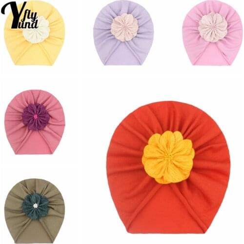 Yundfly 18*17 CM Fashion Soft Baby Girls Turban Hat Solid Color Handmade Flowers Newborn Caps Comfortable Warm Children Headwear