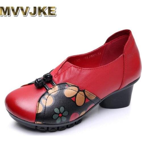 MVVJKE New Fashion high heels women pumps genuine leather square heel shoes Ethnic style Thick Heels