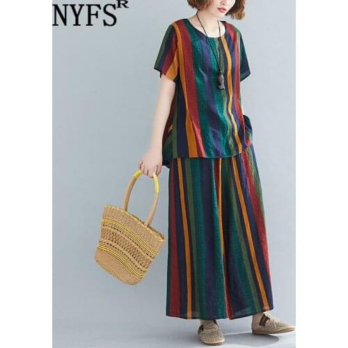 NYFS 2021 New Summer Cotton Linen Women Set Striped Short Sleeve Tops+pants 2 piece set Women Suit set