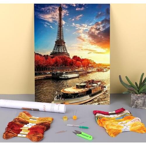 Landscape Paris Tower Pre-Printed 11CT Cross Stitch Complete Kit Embroidery DMC Threads Handiwork Craft Handicraft Stamped