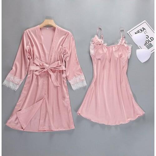 Casual Pink Female Summer Night Robe Sleepwear Sets Sexy Woman Strap Top Suit Pajamas Home Wear Nightwear Sleep Kimono Bath Gown