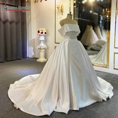 Simple plain satin wedding dress white color