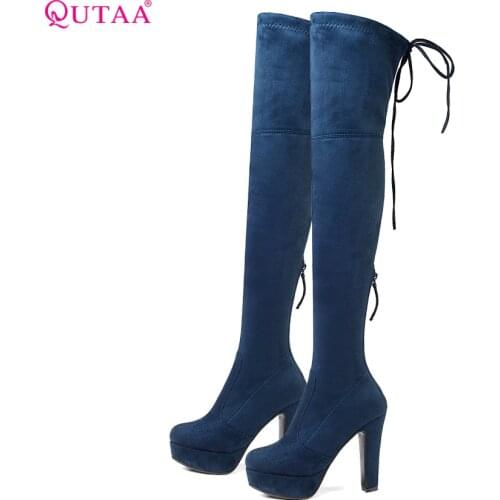 QUTAA 2020 Women Winter Shoes Platform Over The Knee High Shoes Plartorm Lace up Keep Warm Squae High Heel Women Boots Size34-43