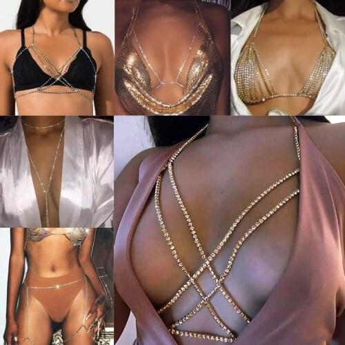 Crystal Rhinestone Bra Chest Body Chain Sexy Women Shiny Bikini Jewelry Leg Chains for Summer Beach Dress Body Jewelry 2021 NEW