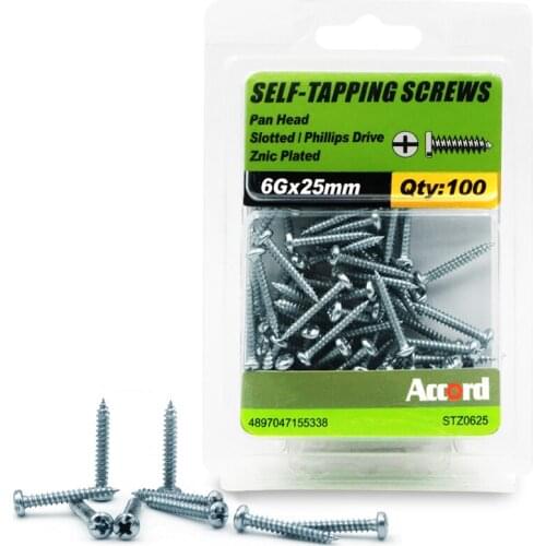 ACCORD 100PCS Self-tapping Screws 6Gx25mm Zinc Plated with storage Box Galvanized Steel Fasteners