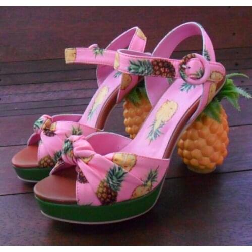 Women Pink Platform pineapple Sandals Chunky pineapple High Heel Summer sandal Woman Ankle strap pink open toe pineapple sandal