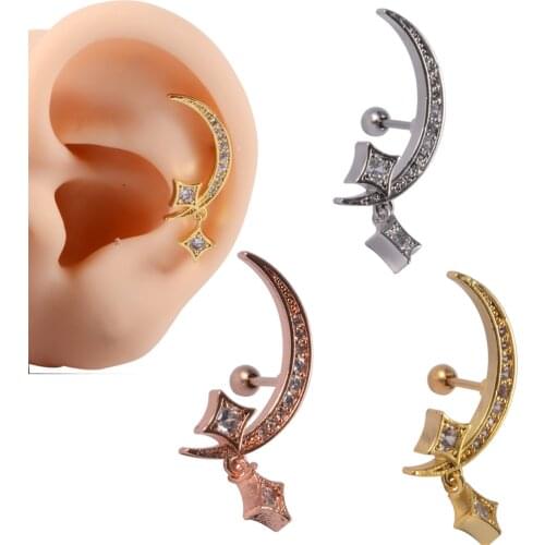 1Piece 20g Moon With Star Dangling Ear Cartilage Tragus Stud Zircon ear Lobe Stud Helix Cartilage Piercing Earrings Body Jewelry