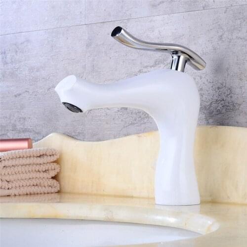 Basin faucet Total Brass Sink Mixer Tap Hot and Cold Deck Mounted Faucet Bathroom Crane Single Handle White Water Tap Torneira