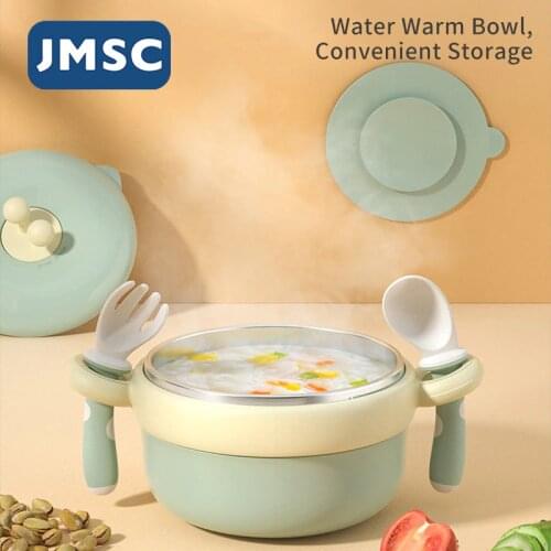 JMSC Baby Sucker Bowl Cover Tableware Sets Suction Plate Dishes Water Injection Grid Stainless Steel Feeding Plate Fork Spoon