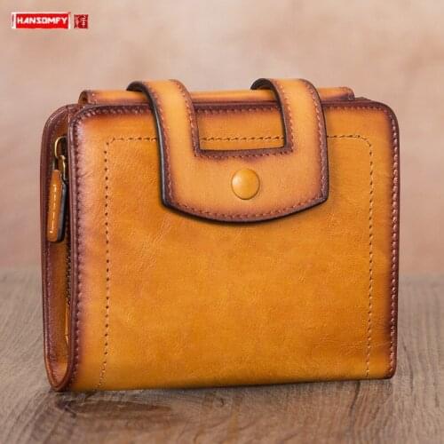 Vintage Cowhide Leather Short Purse Womens Wallet Female Card Holder Buckle Wallets New Anti-theft Brush Antimagnetic Purses