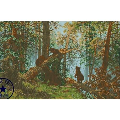 Top Quality hot selling beautiful counted cross stitch kit pine tree trees forest bear bears family