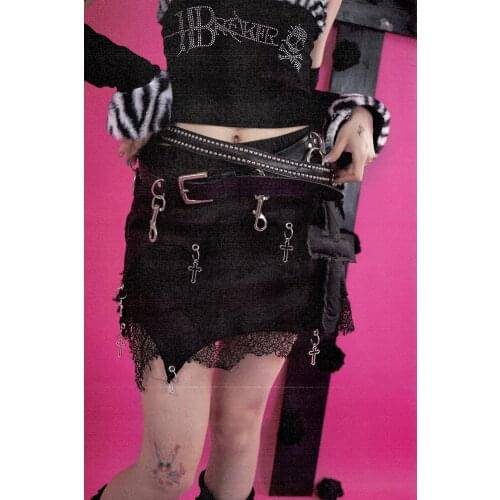 Japanese Asymmetric Design Cross Metal Lace Patch Denim Skirt Black Goth Punk Rock Dark Mini Skirt Slim Hip Women Skirts
