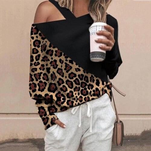 2021 Fashion Long Sleeve Women Blouse Leopard Print Autumn Winter One Shoulder Lantern Sleeve Pullover Top Streetwear for Home