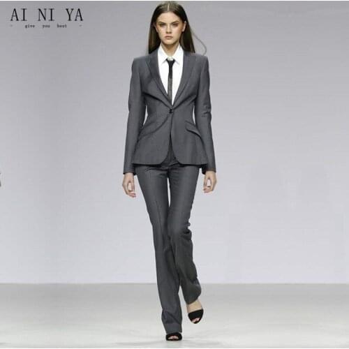 Custom Gray Womens Formal Uniform Uniform Slim 2 Piece Suits Business Women Work Wear Professional Pants Sets Office Suits