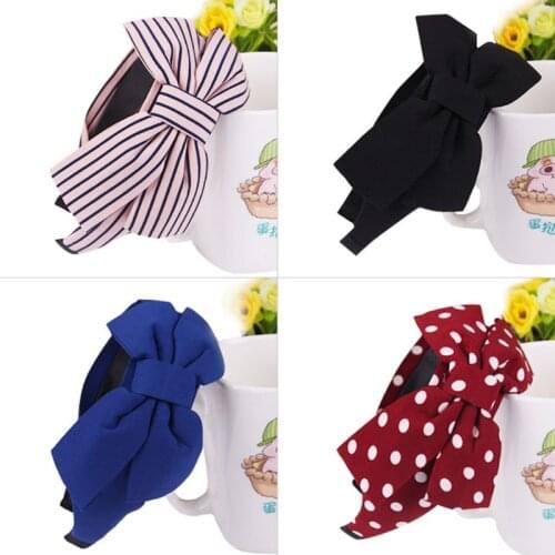 Womens Vintage Wide Big Ruched Bowknot Hairband Polka Dot Striped Plaid Printed Hair Hoop Anti-Skid Teeth Elastic Knotted 18