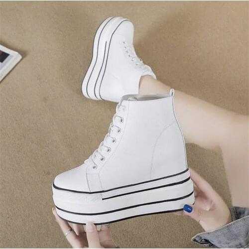 High Tops Womens Platform Heels Shoes Hidden Wedge Heel Sneakers Women Shoes Casual Leather Women Black White Sneaker Woman