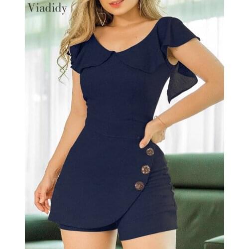Women Round Neck Buttoned Design Ruffles Rompers Elegant Short Sleeve Solid Color Chiffon Playsuits