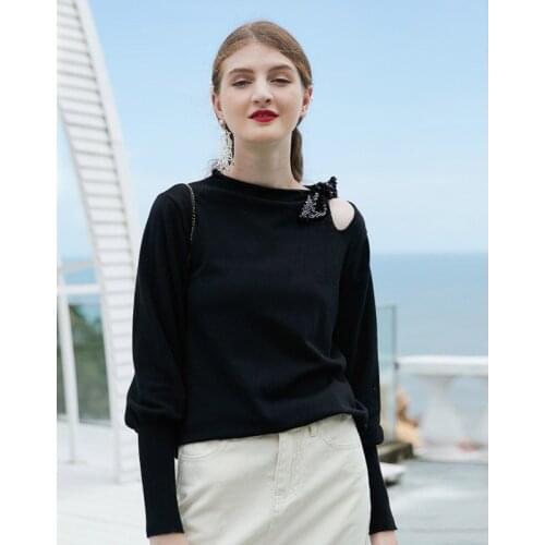 2021 New Fashion Spring O-Neck Black Womens Long Sleeve Top Korean Style Solid One-Shouldered Bowknot Pullover for Ladies