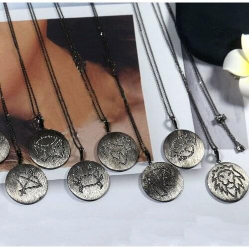 SLJELY Fashion Real 925 Sterling Silver Yellow Black 12 Constellation Necklace Adjustable Chain Zodiac Choker Women Fine Jewelry