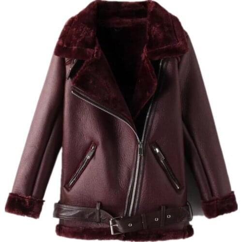 2019 Winter Spanish Fashion Women PU Artificial Leather Fluff Inner Coat Girl Turn-Down Collar Loose Topcoat Black Wine or Green