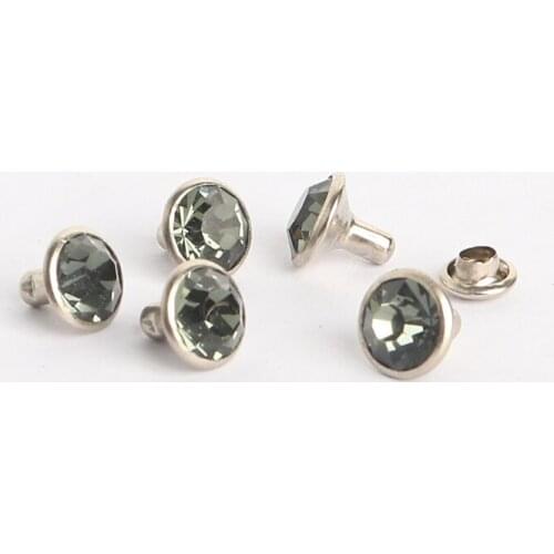 100Sets 6mm Grey/Black Diamond Glass Crystal Rhinestone Rivets Leather Rivet Silver Metal Base For Garment Bag Leathercraft