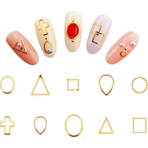 100pcs/lot Japan&Korea Nail Art Creation Metal Frame 2Colors=(Gold&Silver) DIY Nail Accessory Geometry Frame Circle Oval Cross3D