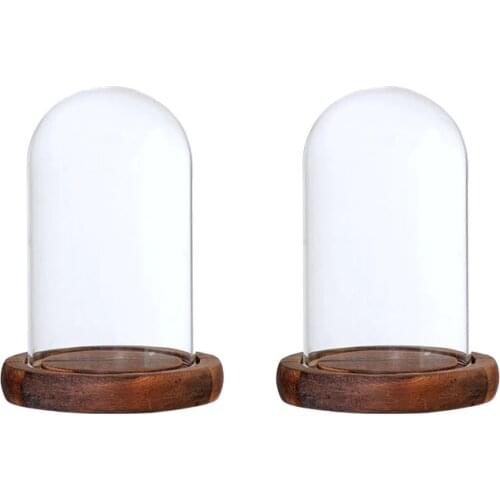 2Pcs 7x12cm Clear Glass Dome with Wooden Base for Home Wedding Party Centerpiece Display Stand DIY Decor