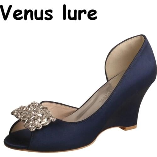 23 Colors Ladies Fashion Heel Wedge Peep Toe Pumps Navy Party Wear Shoes 7.5CM