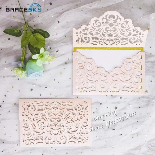 50pcs 2020 New Laser Cut Pocket design Lace Flowers Wedding Party Invitations Card Personalized printing cards Wedding Supplies