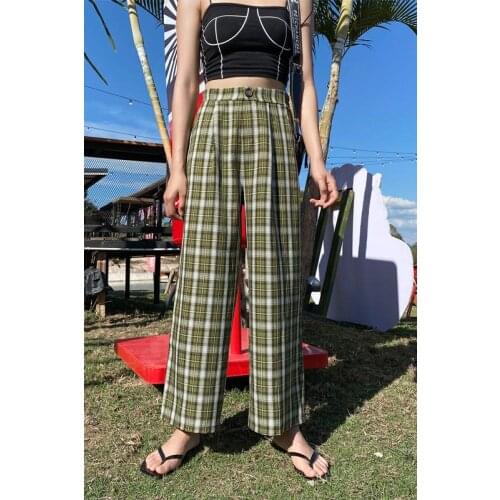 Fashion Simple Vintage Plaid Causal Long Women Pants Street Fashion Straight Wide Leg Pant