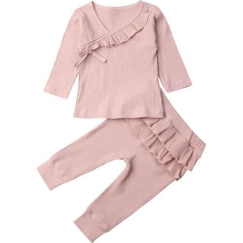 Infant Babys Set 2pcs Long Sleeved Top+Trousers Boys Girls Ruffled Solid Color Shirt Pants Baby Clothes Set