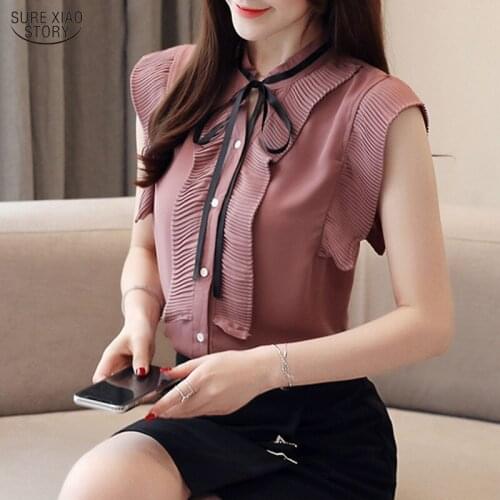 Korean Fashion Clothing Summer White Shirt OL Tops Short Sleeve Women Chiffon Blouse Elegant Bow Tie Ruffles Casual Blusas 9863