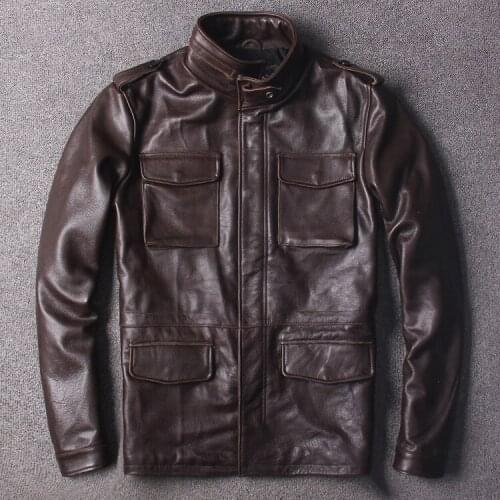 Free Shipping.classic brown M65 genuine leather jacket,plus size cowhide safari style long coat,quality warm jackets