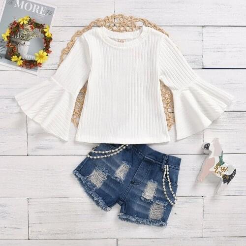 Fashion Summer Girl Clothes Flare Sleeve Knitted Top Denim Shorts Princess Party Outfit Suit With Rhinestone Link
