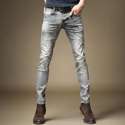 Vintage Men Ripped Jeans Retro Cotton Regular Straight Pants Streetwear Slim Fit Denim Trousers