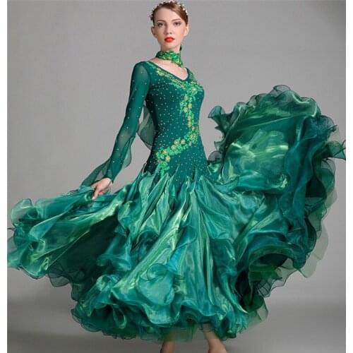 Modern Dance Dress Lady Dancing Performance Suit Long Sleeve Girl Standard Dancing Costume Diamond Competition Dress B-6142
