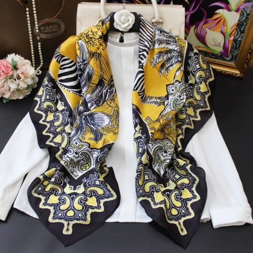 Women New Designer 100% Silk Square Scarf Shawl Wrap 110cm Zebra Printed Black Yellow Luxurious Headscarf
