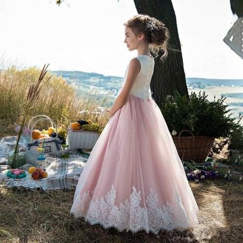 Pink Flower Girls Dresses For Lace Applique Sleeveless Children Evening Party Gown For Little Girls First Communion Dresses