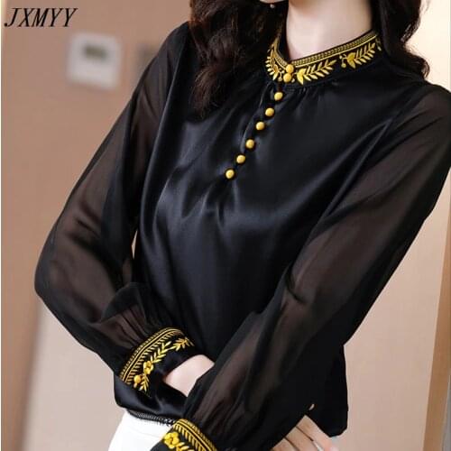 JXMYYY Satin silk shirt womens long-sleeved spring 2021 new retro stand-up collar embroidery blouse black