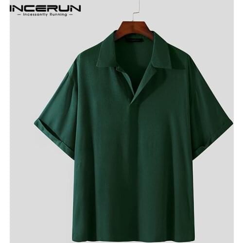 2021 Men Shirt Solid Color Summer Lapel Short Sleeve Streetwear Fashion Korean Men Clothing Loose Casual Camisas S-5XL INCERUN